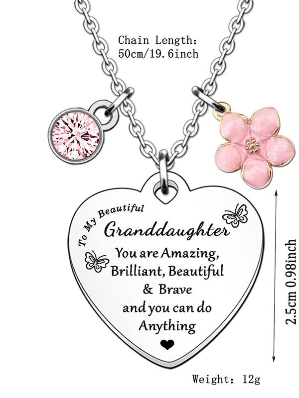 Cute Heart Shaped Pendant Necklace with Rhinestones & Flower Decor, Fashion Jewelry Accessories for Granddaughter As Gift