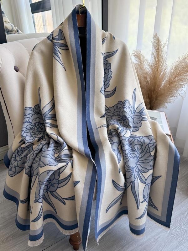 Floral Print Tassel Decor Shawl, Casual Soft Warm Long Scarf for Fall & Winter, Fashion Accessories for Women & Girls