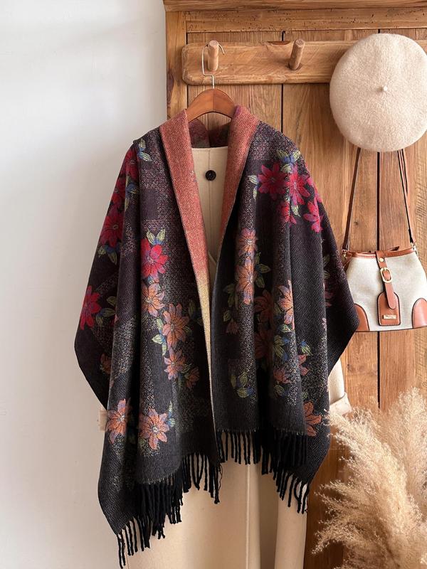 Women's Boho Style Floral Print Tassel Decor Shawl, Casual Warm Long Scarf for Fall & Winter, Fashion Accessories for Women & Girls