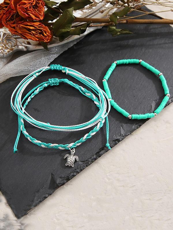 3pcs set Boho Turtle Soft Clay Beaded Anklet, Fashion Colorblock Braided Anklet for Women and Girls, Casual Versatile Jewelry for Beach Vacations
