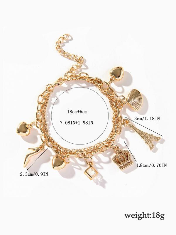 Unique Rhinestone Decorated Layered Design Charm Anklet, with Heart & Shell & Crown & Heel & Tower Charm Decor, Exquisite Trendy Layered Chain Anklet for Beach, Travel, Daily Clothing Decoration, Fashionable Body Jewelry for Women & Girls