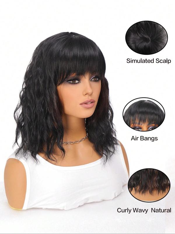 14 Inch Black Long Curly Wigs for Women, Gorgeous Fluffy Wigs with Bangs, Synthetic Full Machine Wigs for Party, Daily Use