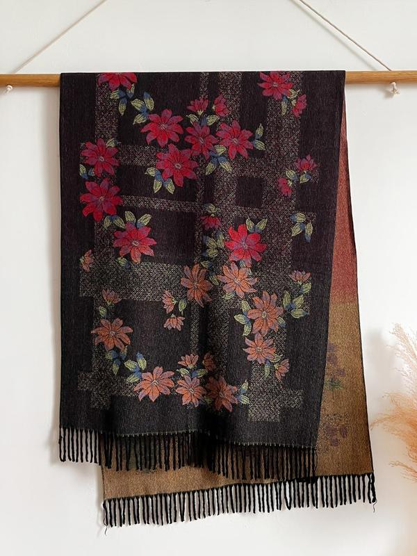 Women's Boho Style Floral Print Tassel Decor Shawl, Casual Warm Long Scarf for Fall & Winter, Fashion Accessories for Women & Girls