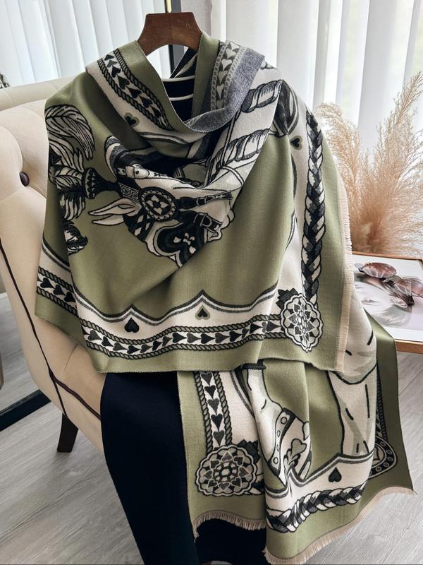 Double Sided Horse Print Tassel Decor Shawl, Casual Soft Warm Long Scarf for Fall & Winter, Fashion Accessories for Women & Men