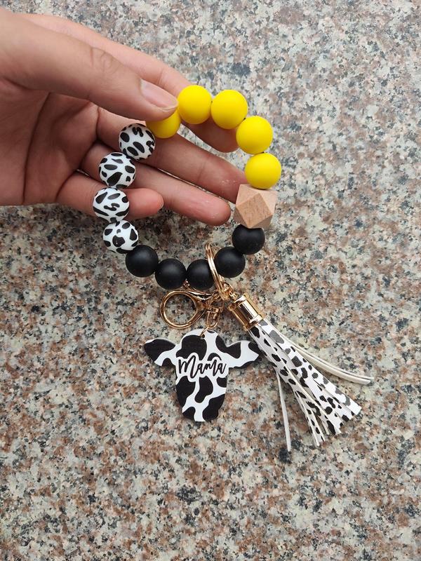 Fashion Colorblock Cow Pattern Tassel Design Beaded Keychain for Women for Gift, Trendy Car Keychain, Creative Clothes Cute Kawaii Accessories, Wristlet Keychain