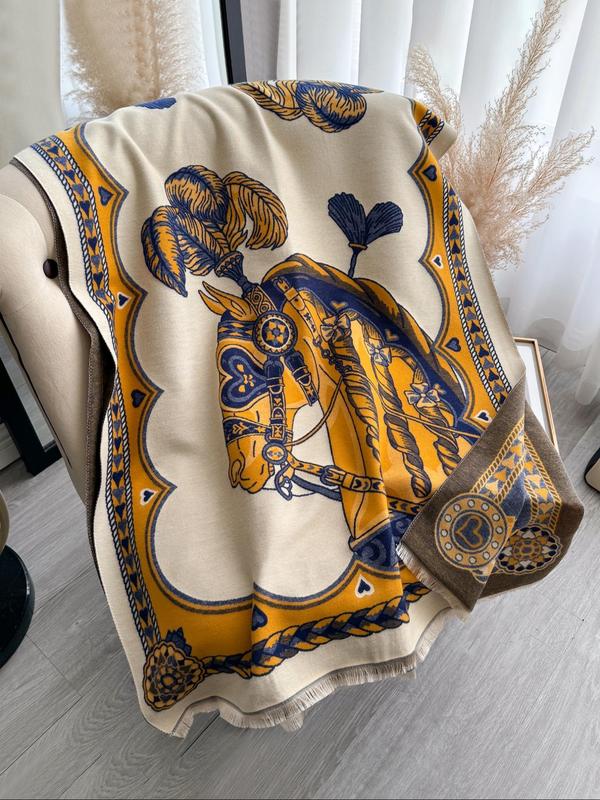 Double Sided Horse Print Tassel Decor Shawl, Casual Soft Warm Long Scarf for Fall & Winter, Fashion Accessories for Women & Men