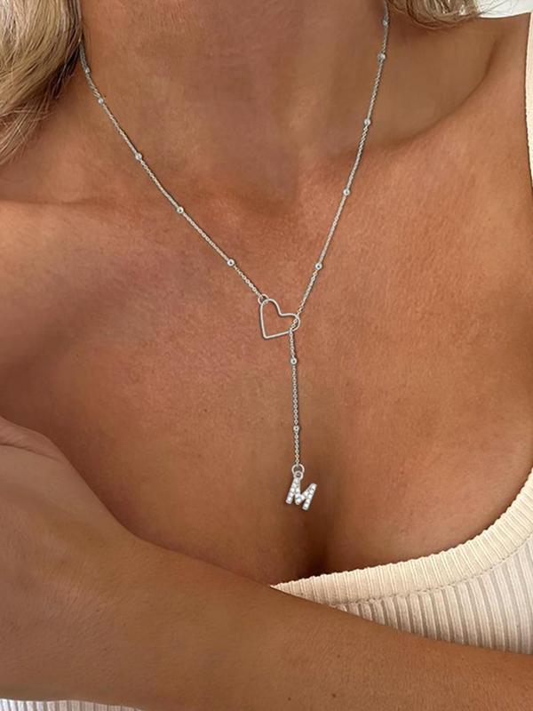 Letter Heart Design Pendant Necklace for Women, Rhinestone Decor Stainless Steel Jewelry for Gift, Elegant All-match Fashion Accessories for Daily Wear Fall
