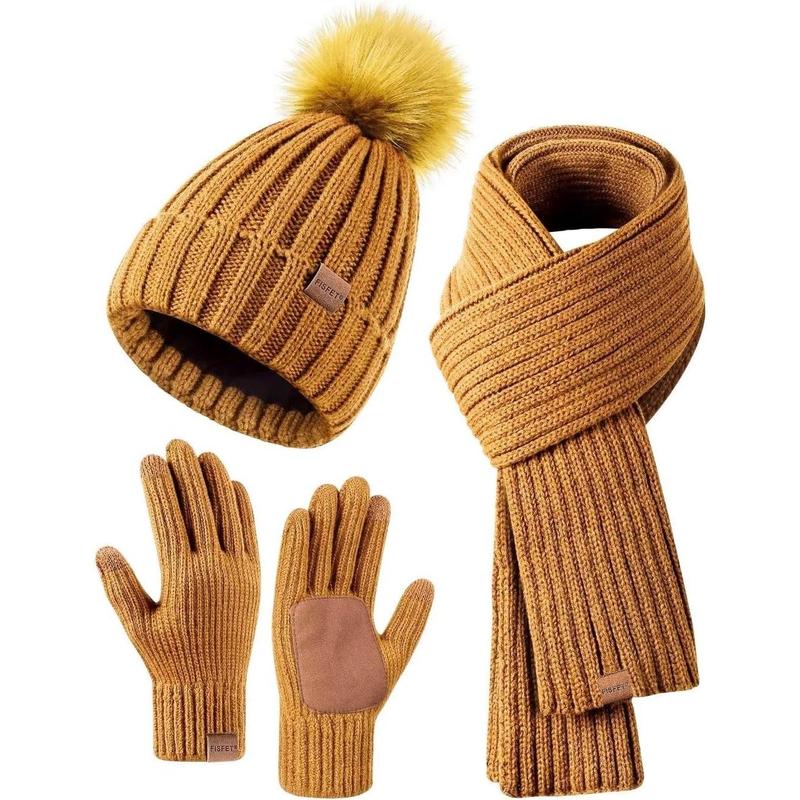 Winter Beanie Hat Scarf Gloves Set for Women, Womens Beanie with Pom Pom Long Scarf Neck Warmer Touchscreen Gloves 3 in 1 Set