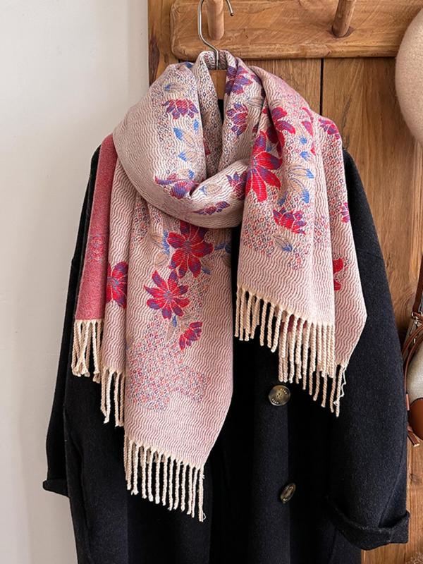 Women's Boho Style Floral Print Tassel Decor Shawl, Casual Warm Long Scarf for Fall & Winter, Fashion Accessories for Women & Girls