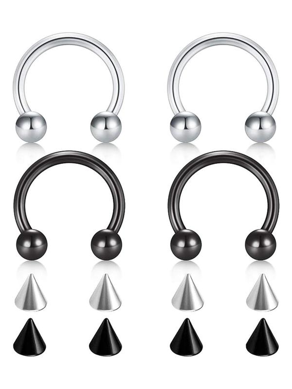 4pcs Stainless Steel Horseshoe Design Nose Ring & 8pcs Replacement Ball, Minimalist Eyebrow Lip Piercing Body Jewelry, Punk Fashion Accessories for Daily Wear