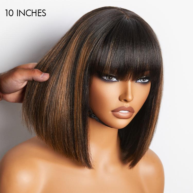 LUVME Put On And Go Realistic Glueless Yaki Straight Bob With Bangs Minimalist Undetectable HD Lace Wig