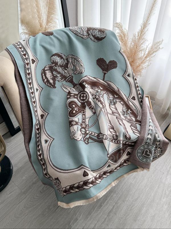 Double Sided Horse Print Tassel Decor Shawl, Casual Soft Warm Long Scarf for Fall & Winter, Fashion Accessories for Women & Men