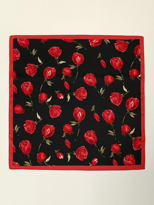 Women's Elegant Rose Print Square Scarf, Fashionable Contrast Binding Design Scarf for Daily Wear, Casual Versatile Scarf for Women