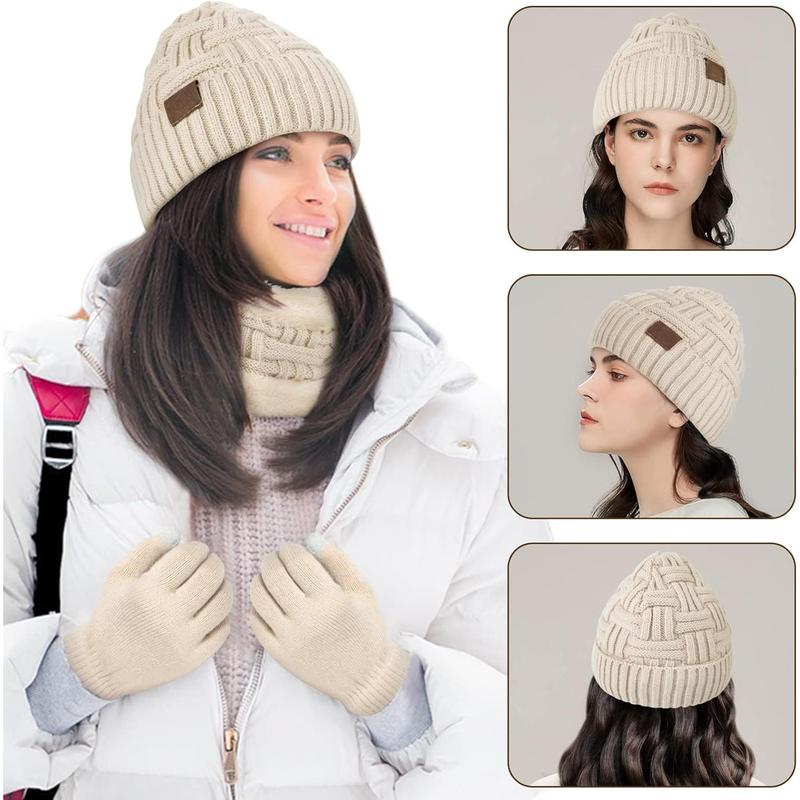 3- Winter Hat Neck Warm Touchscreen Gloves Set Knit Thick Scarf Beanie Hat Scarves Set Gifts for Women