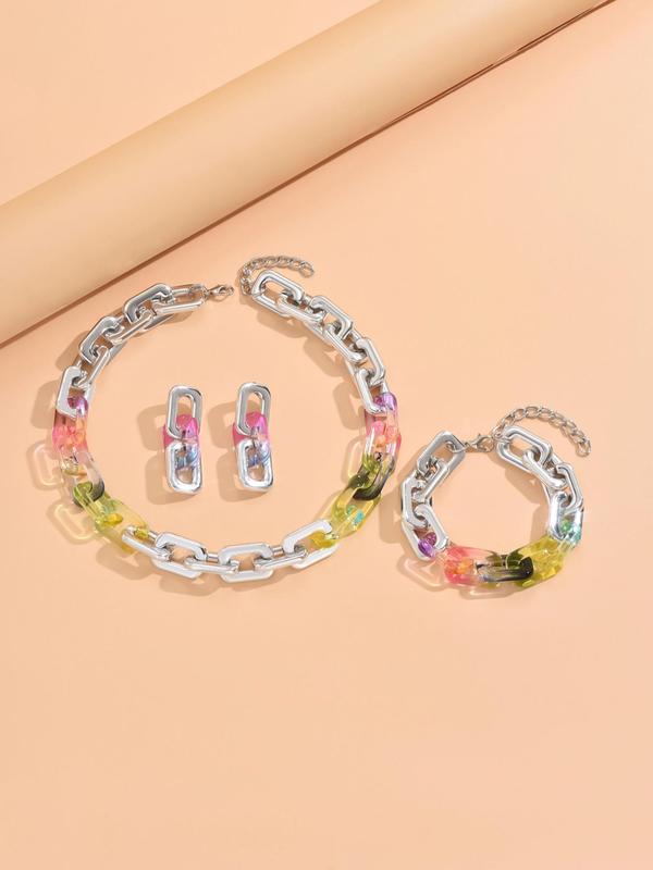Women's Elegant Colorblock Jewelry Set, Exquisite Trendy Jewelry Set, Including Geometric Design Necklace & Bracelet & Earrings, Fashionable Jewelry Set As Gift for Girlfriend