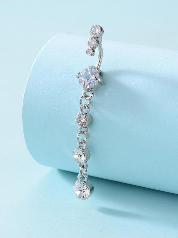 Rhinestone Decorated Long Stainless Steel Belly Button Buckle, Women Belly Piercing Body Jewelry, Stylish and Simple Belly Jewelry for Daily Decoration