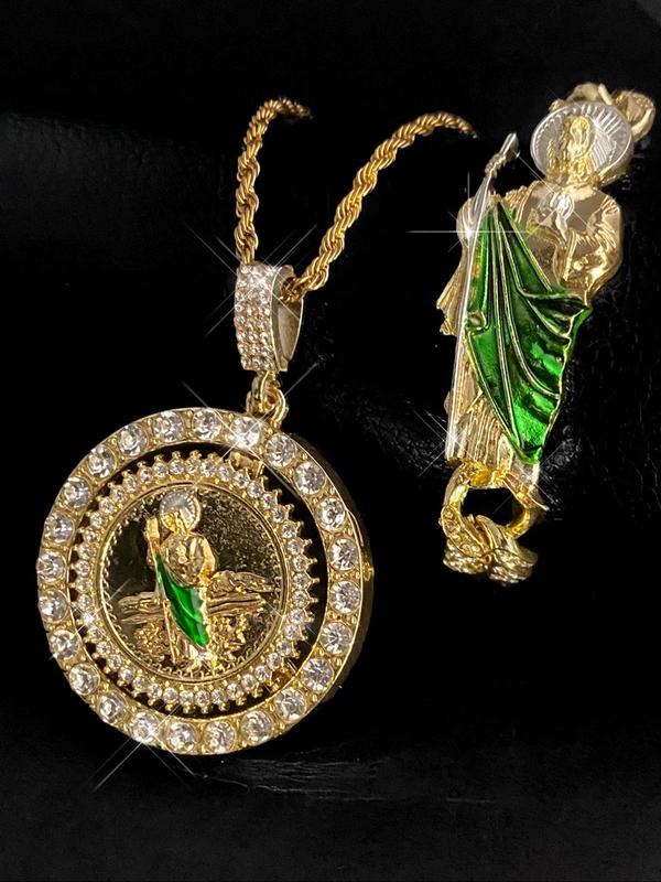 Saint Jude Taddiao Pendant Necklace & Bracelet Set, Rhinestone Decor 90s Vintage Jewelry Set for Party, Daily Clothing Decor, Trendy All-match & Exquisite Jewelry As Gift