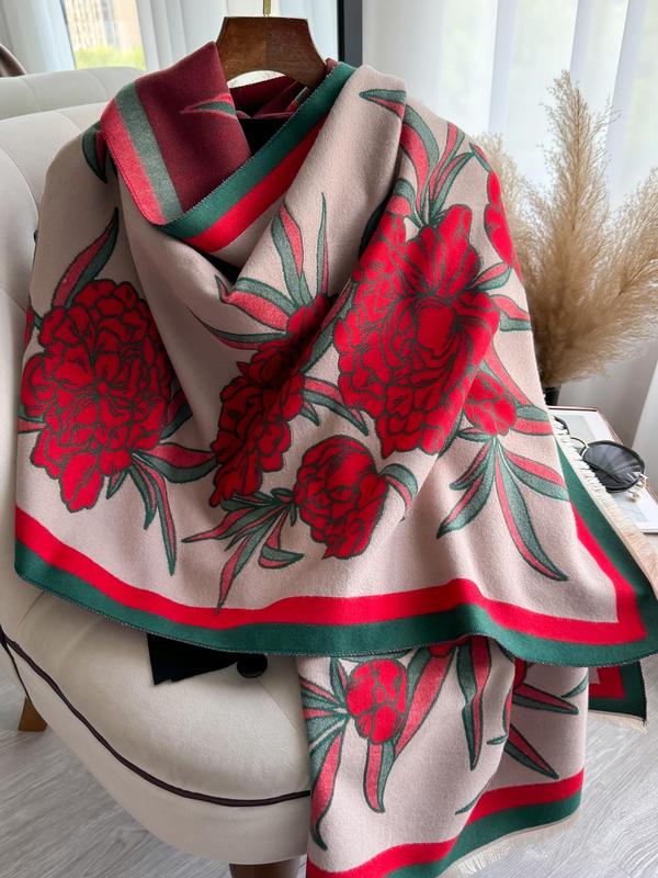 Floral Print Tassel Decor Shawl, Casual Soft Warm Long Scarf for Fall & Winter, Fashion Accessories for Women & Girls