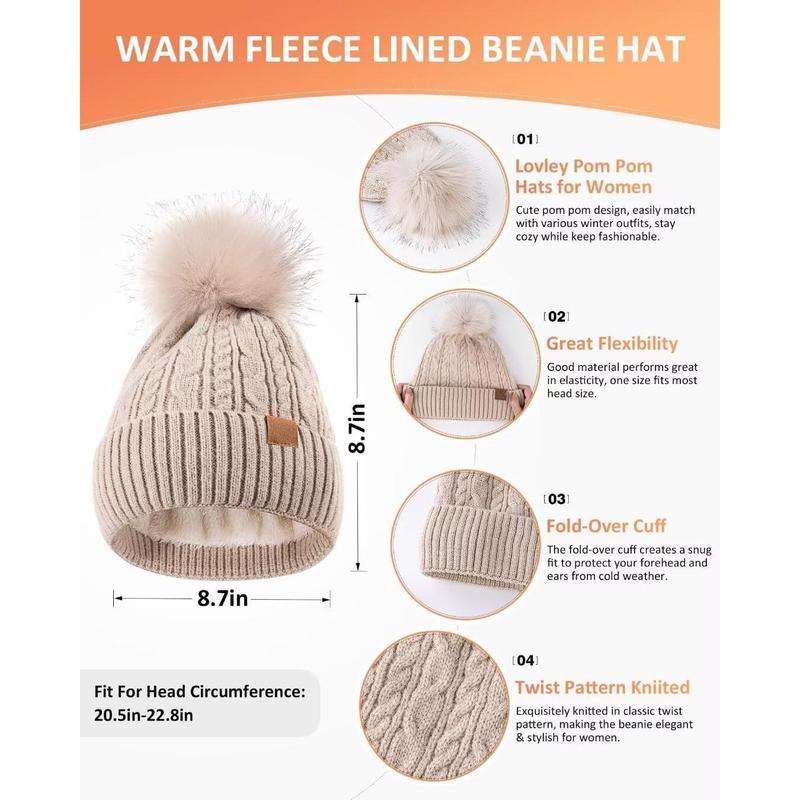 Winter Beanie Hat Scarf Gloves Set for Women, Pom Pom Beanie Fleece Lined Knit Neck Warmer Touchscreen Gloves 3 in 1 Gift Set