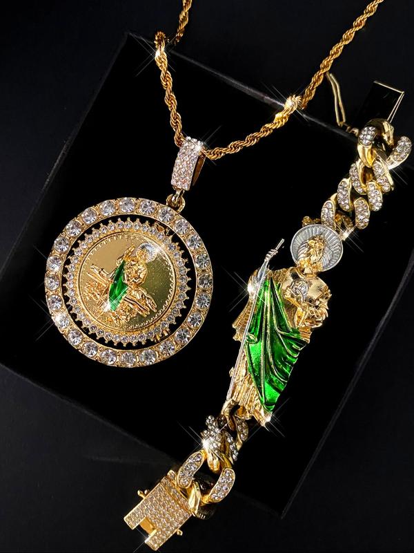 Saint Jude Taddiao Pendant Necklace & Bracelet Set, Rhinestone Decor 90s Vintage Jewelry Set for Party, Daily Clothing Decor, Trendy All-match & Exquisite Jewelry As Gift