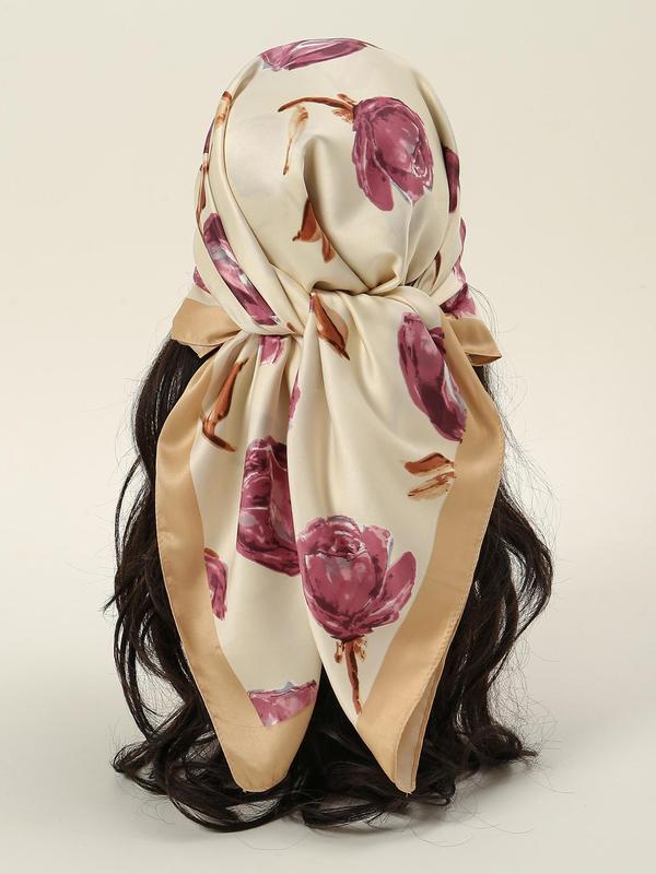 Women's Elegant Rose Print Square Scarf, Fashionable Contrast Binding Design Scarf for Daily Wear, Casual Versatile Scarf for Women