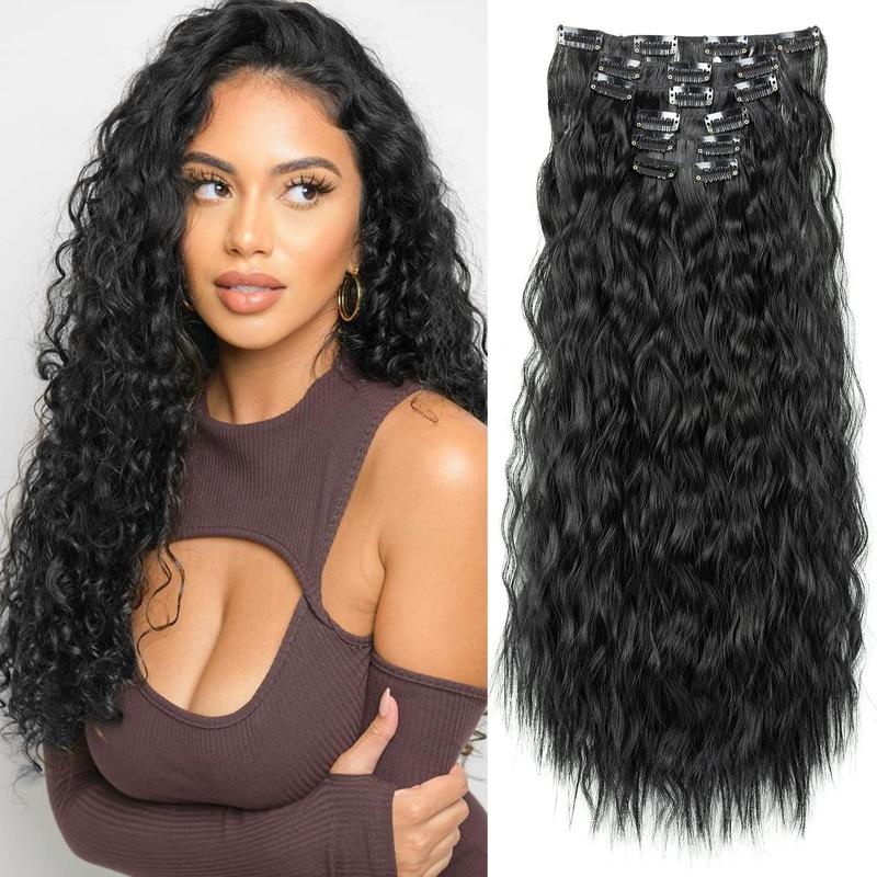 REECHO Clip in Long Wavy Synthetic Hair Extension 24 Inch 6PCS Balayage Black Thick Hairpieces Natural Soft Synthetic Fiber Double Weft for Women daily party