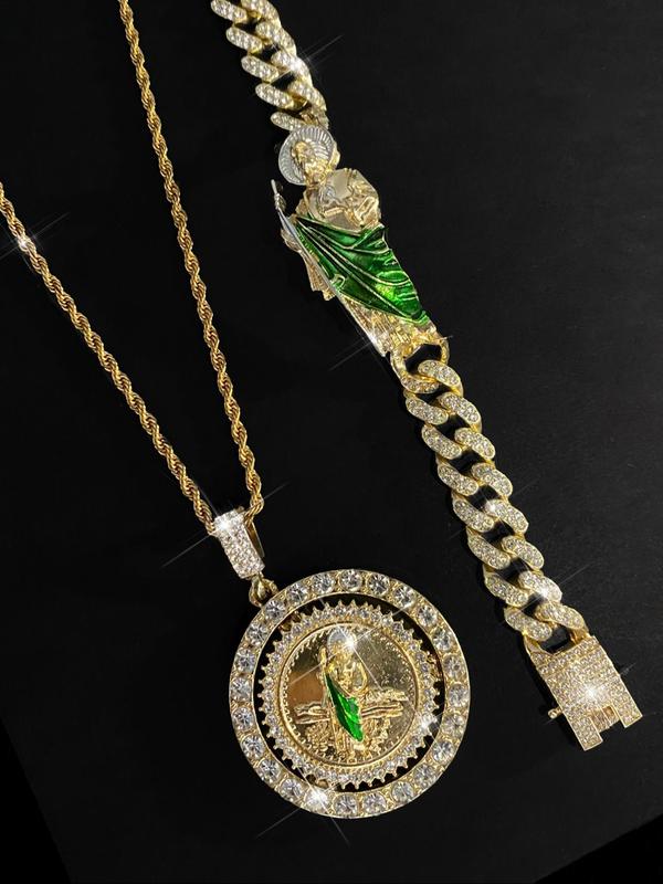 Saint Jude Taddiao Pendant Necklace & Bracelet Set, Rhinestone Decor 90s Vintage Jewelry Set for Party, Daily Clothing Decor, Trendy All-match & Exquisite Jewelry As Gift