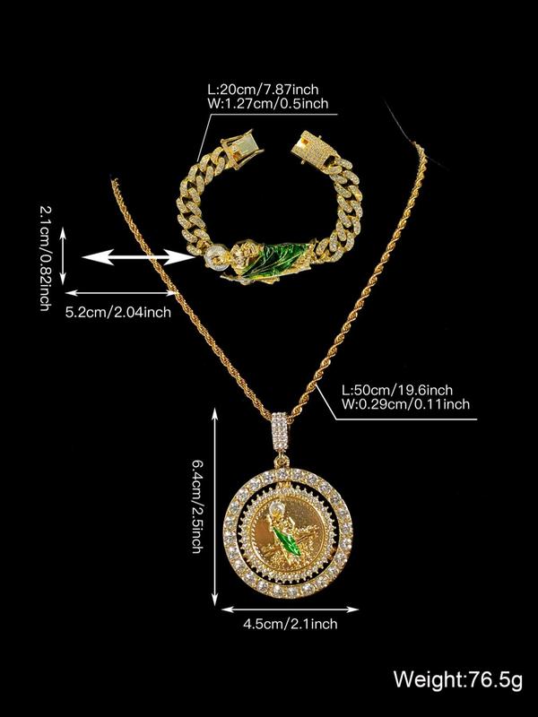 Saint Jude Taddiao Pendant Necklace & Bracelet Set, Rhinestone Decor 90s Vintage Jewelry Set for Party, Daily Clothing Decor, Trendy All-match & Exquisite Jewelry As Gift