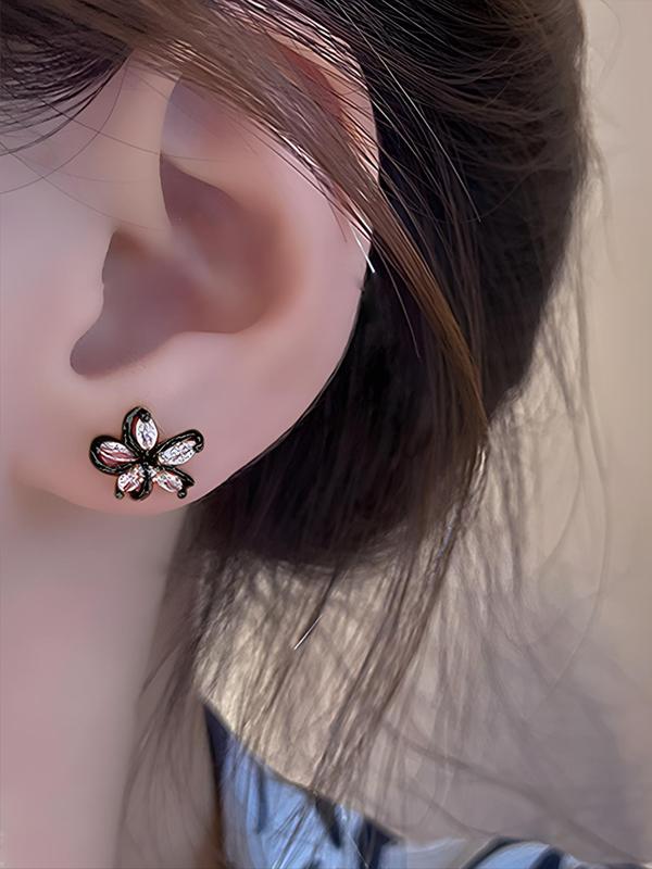 1 Pair Minimalist Elegant Rhinestone Decor Flower Shaped Design Stud Earrings, Fashion Jewelry For Women