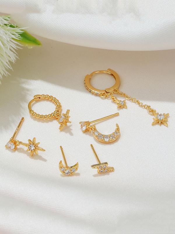 Star & Moon Design Dangle Earrings & Stud Earrings, Cute Rhinestone Decor Earrings Set, Fashion Jewelry Accessories for Women & Girls