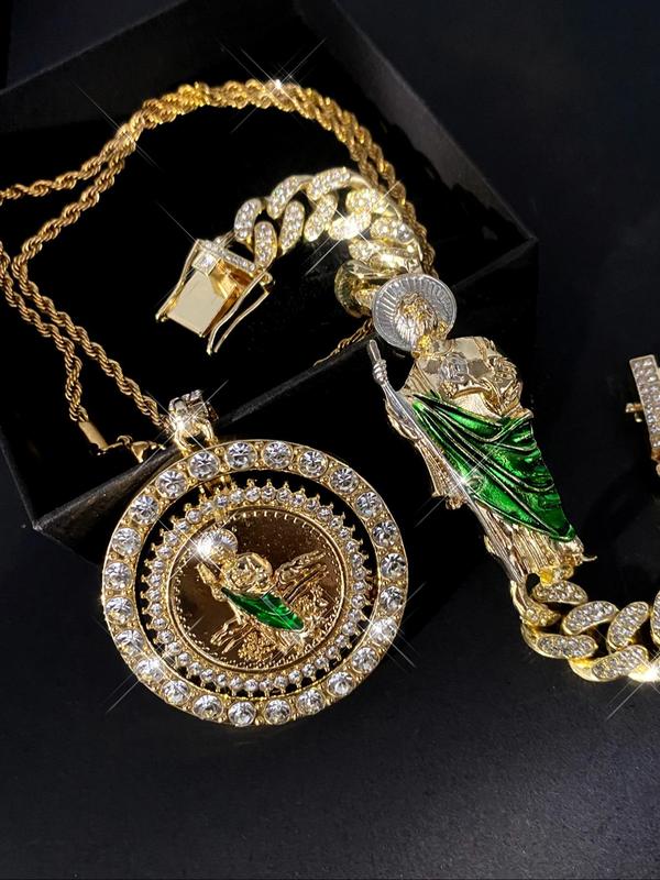 Saint Jude Taddiao Pendant Necklace & Bracelet Set, Rhinestone Decor 90s Vintage Jewelry Set for Party, Daily Clothing Decor, Trendy All-match & Exquisite Jewelry As Gift