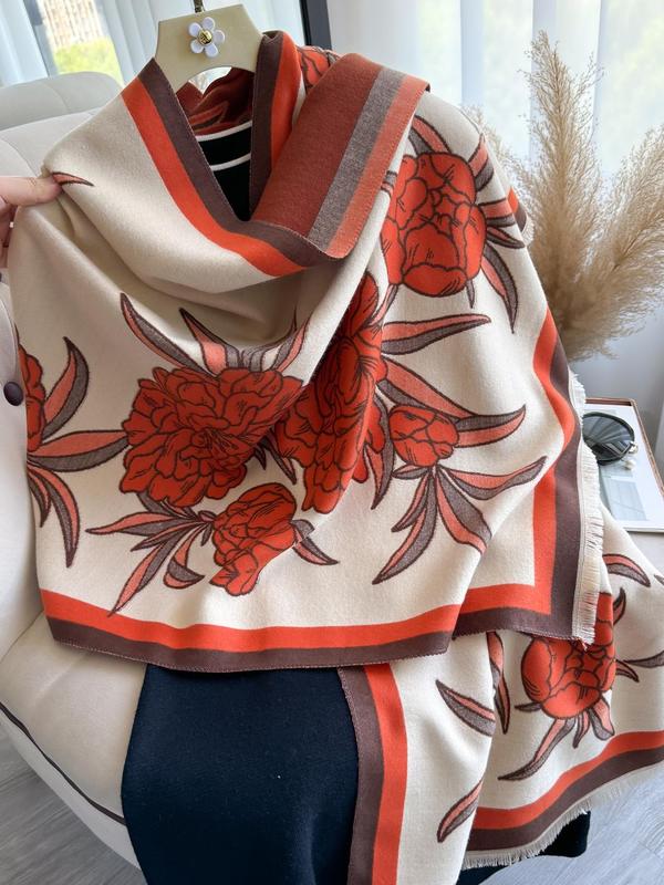 Floral Print Tassel Decor Shawl, Casual Soft Warm Long Scarf for Fall & Winter, Fashion Accessories for Women & Girls