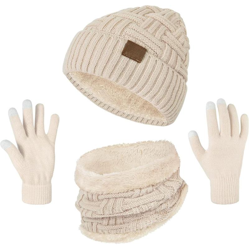 3- Winter Hat Neck Warm Touchscreen Gloves Set Knit Thick Scarf Beanie Hat Scarves Set Gifts for Women