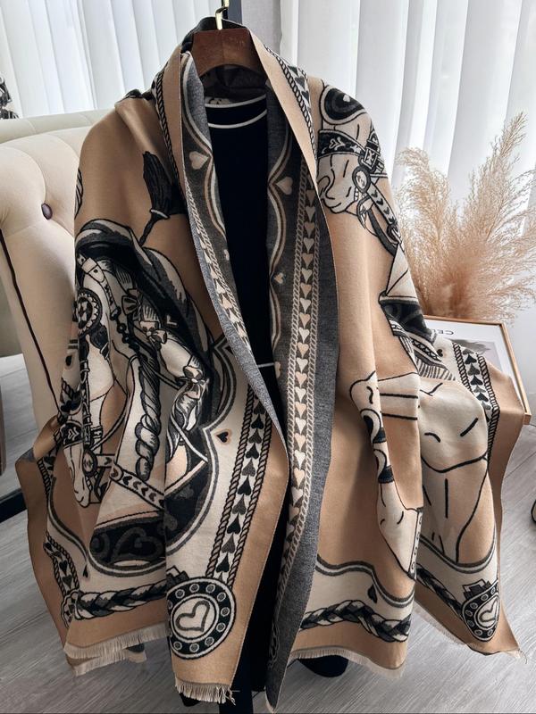 Double Sided Horse Print Tassel Decor Shawl, Casual Soft Warm Long Scarf for Fall & Winter, Fashion Accessories for Women & Men