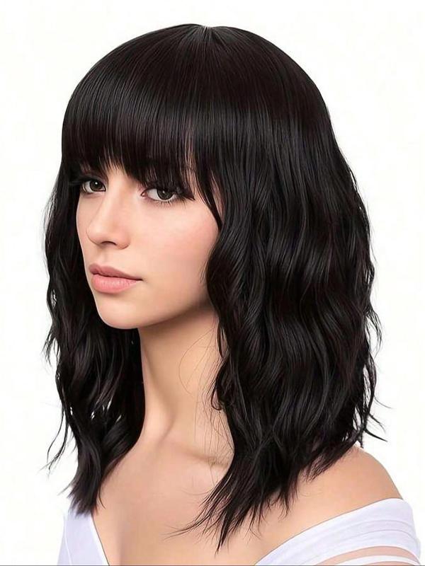 14 Inch Black Long Curly Wigs for Women, Gorgeous Fluffy Wigs with Bangs, Synthetic Full Machine Wigs for Party, Daily Use