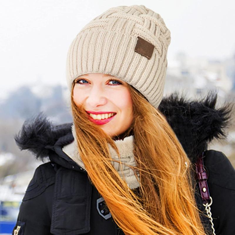 3- Winter Hat Neck Warm Touchscreen Gloves Set Knit Thick Scarf Beanie Hat Scarves Set Gifts for Women