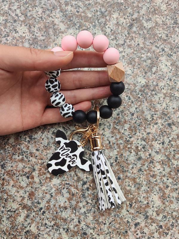 Fashion Colorblock Cow Pattern Tassel Design Beaded Keychain for Women for Gift, Trendy Car Keychain, Creative Clothes Cute Kawaii Accessories, Wristlet Keychain