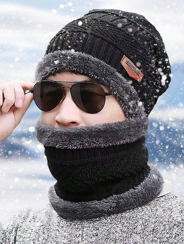 1 Pc Lined Infinity Scarf Hat Set Winter Thickened Warm Neck Gaiter Knitted Beanie Cap Combination Men's Outdoor Winter Thickened Plus Velvet Woolen Hats For Outdoor Mountaineering, Skiing,Cycling Large Size Cold Protection Versatile Fashion Hat