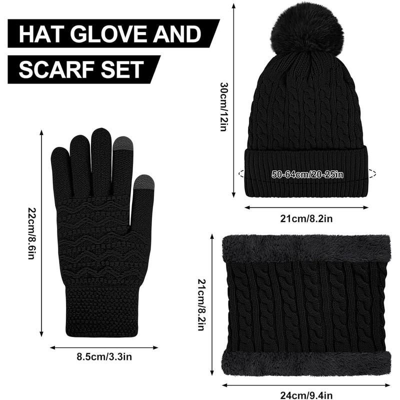 3 count Winter Beanie Hat Scarf Gloves Set for Women Thick Warm Knit Lined Skull Cap Neck Warmer Touch Screen Gloves