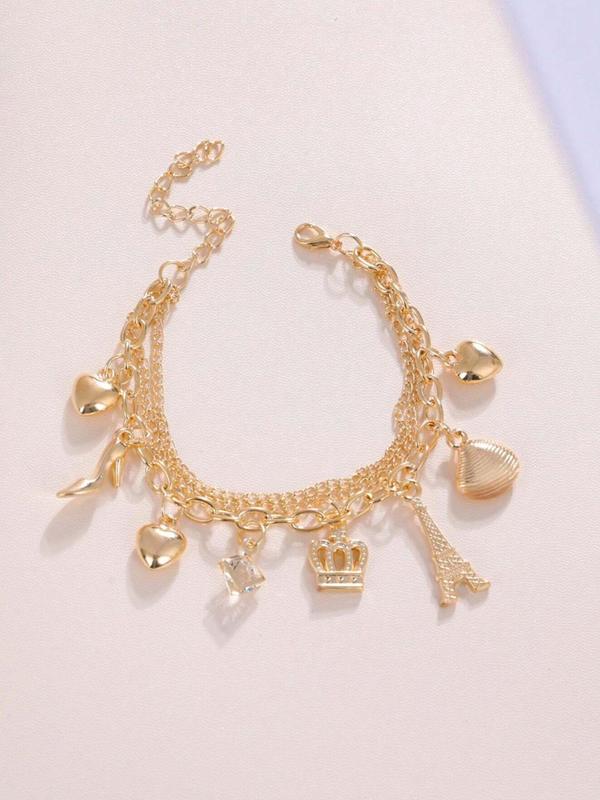 Unique Rhinestone Decorated Layered Design Charm Anklet, with Heart & Shell & Crown & Heel & Tower Charm Decor, Exquisite Trendy Layered Chain Anklet for Beach, Travel, Daily Clothing Decoration, Fashionable Body Jewelry for Women & Girls