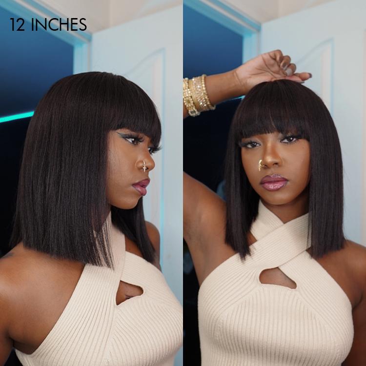LUVME Put On And Go Realistic Glueless Yaki Straight Bob With Bangs Minimalist Undetectable HD Lace Wig