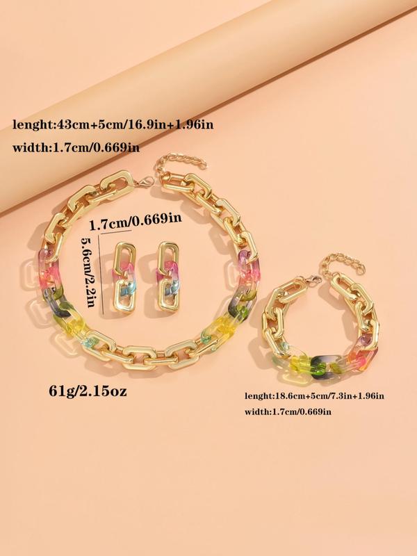 Women's Elegant Colorblock Jewelry Set, Exquisite Trendy Jewelry Set, Including Geometric Design Necklace & Bracelet & Earrings, Fashionable Jewelry Set As Gift for Girlfriend