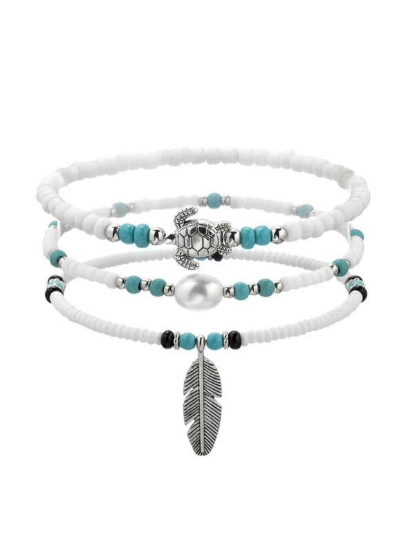 Boho Style Faux Pearls & Leaf & Turtle Beaded Decor Anklet, Fashionable Jewelry for Women & Girls, Suitable for Party, Daily Clothing Decor, Trendy All-match & Exquisite Jewelry for Birthday Gift
