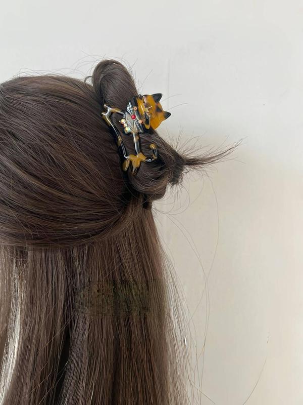 Cute Cat Design Hair Claws, Rhinestone Decor Hair Claws, Fashion Hair Accessories for Women & Girls, Minimalist Headwear Suitable for Thick Hair