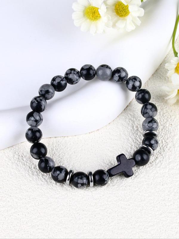 Cross & Snowflake Stone Beaded Bracelet, Vintage Elegant Snowflake Stone Beaded Bracelet for Women & Men, Fashion All-match Jewelry, Holiday Birthday Gifts for Women & Men