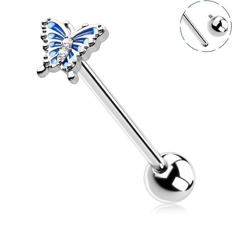 Oufer 14G Internally Threaded Blue Butterfly Tongue Barbell Ring