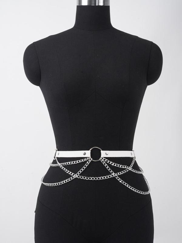 Women's Fashion Chain Decorated PU Buckle Belt, Studded Decor O-ring Tiered Layered Design Belt for Dress, Fashion Accessories for Party, Daily Clothing Decor
