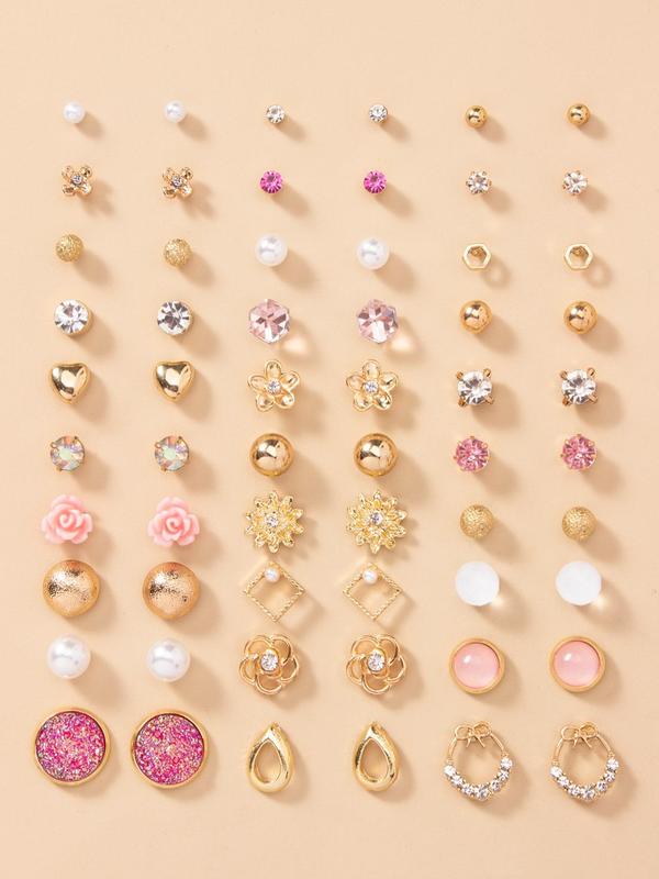 30 Pairs Women's Elegant Rhinestone & Faux Pearl Decorated Stud Earrings, Heart & Flower & Bowknot Design Stud Earrings,  Fashionable Jewelry For Women & Girls