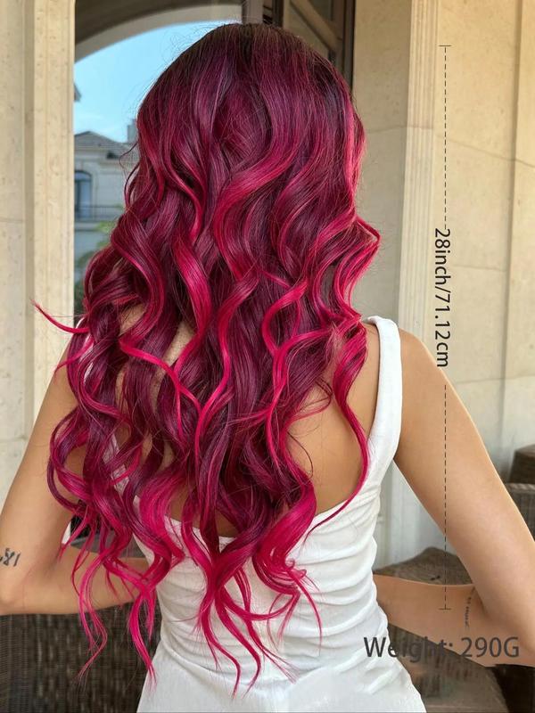 28 Inch Long Pink Wavy Wigs for Women, Gorgeous Fluffy Wigs with Curtain Bangs, Synthetic Full Machine Wigs for Party, Daily Use