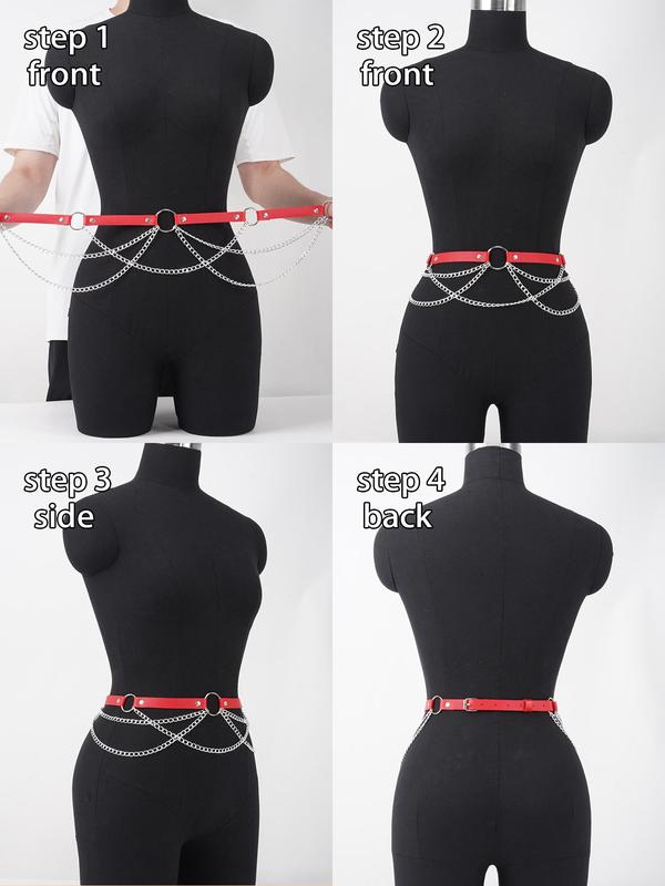 Women's Fashion Chain Decorated PU Buckle Belt, Studded Decor O-ring Tiered Layered Design Belt for Dress, Fashion Accessories for Party, Daily Clothing Decor